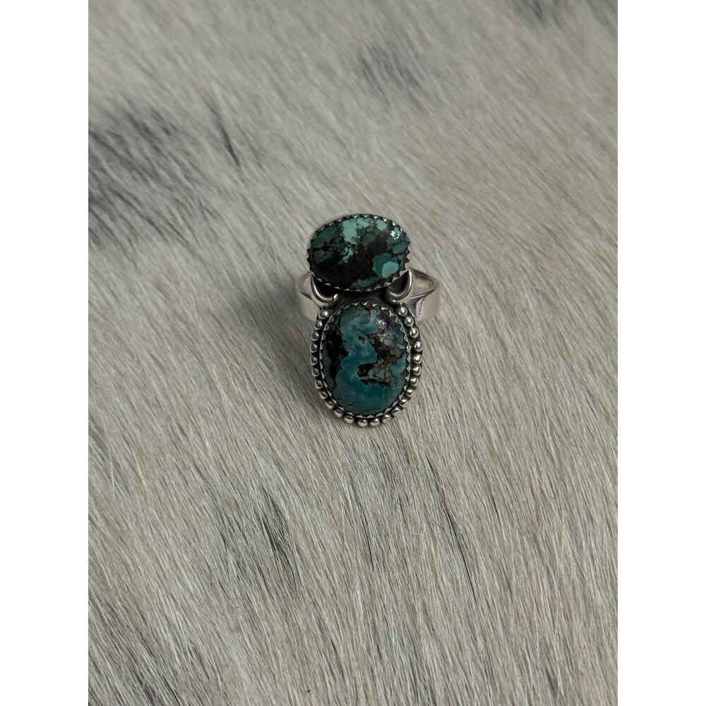 Sterling Silver Blue Hubei Turquoise Double Stone Adjustable Ring Sawtooth 925 - Picture 10 of 14